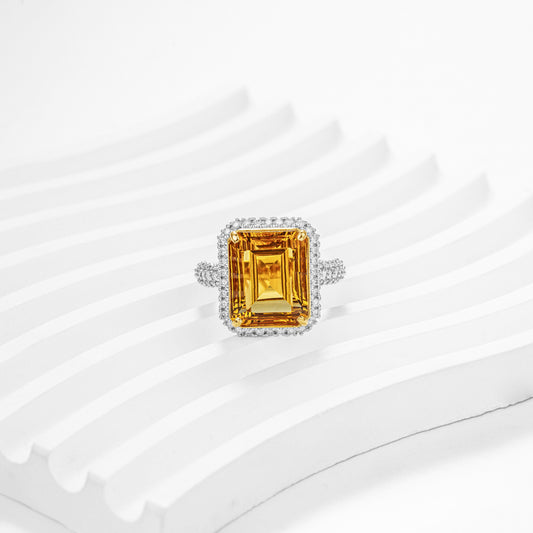 Natural 10.57ct Citrine and Diamond 18K Yellow Gold Halo Cocktail Ring