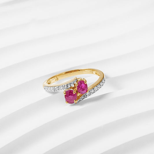 Natural Burmese Ruby and Diamond 18K Yellow Gold Bypass Ring