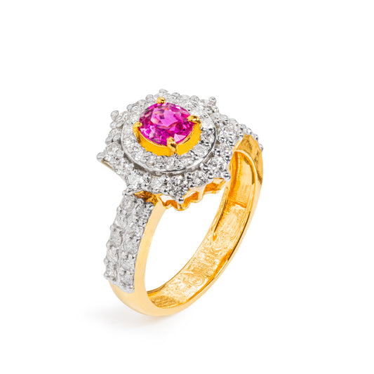 Natural Burmese Ruby and Diamond 18K Yellow Gold Floral Ring