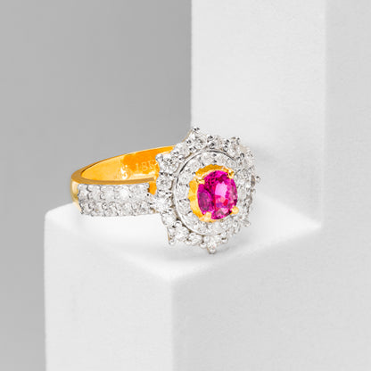 Natural Burmese Ruby and Diamond 18K Yellow Gold Floral Ring