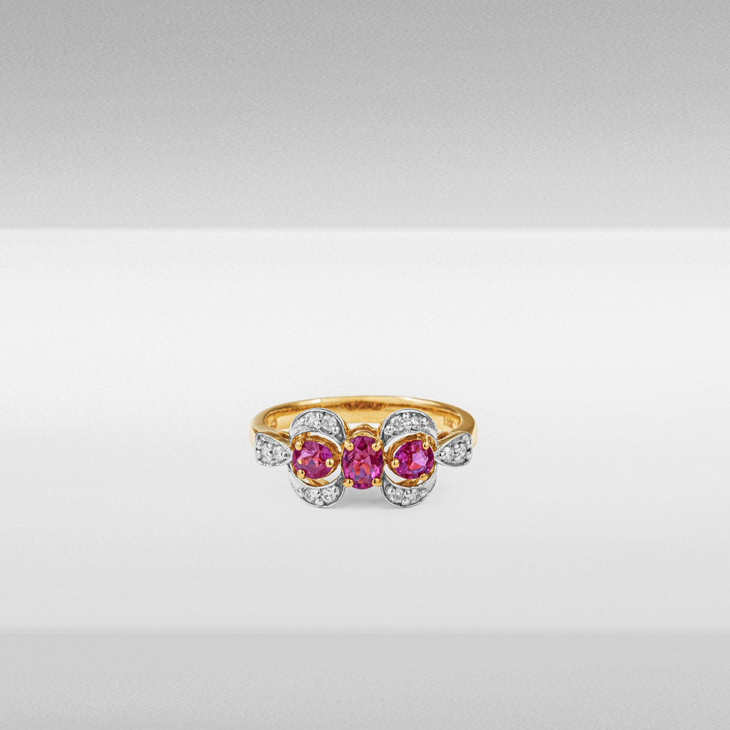 Natural Burmese Pink Sapphires and Diamond 18K Yellow Gold Bow Ring