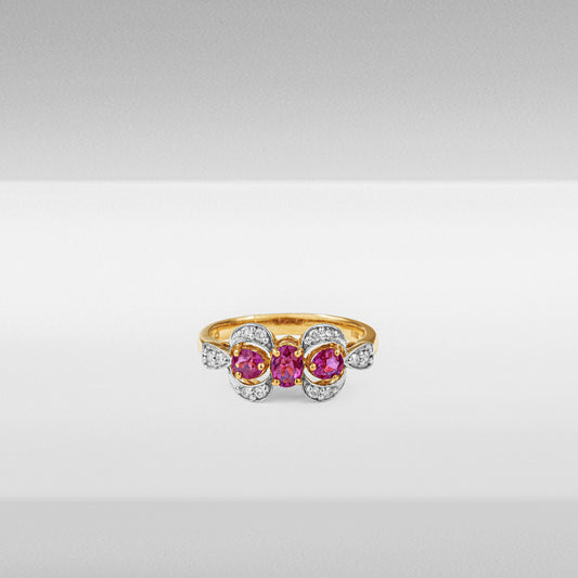 Natural Burmese Pink Sapphires and Diamond 18K Yellow Gold Bow Ring